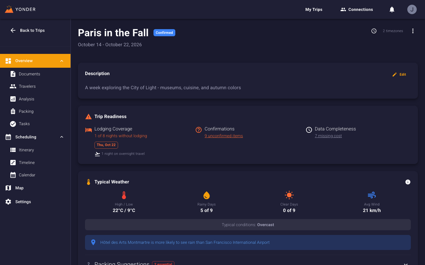 Yonder dashboard showing trip planning interface
