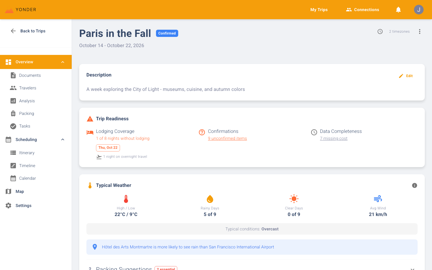 Yonder dashboard showing trip planning interface