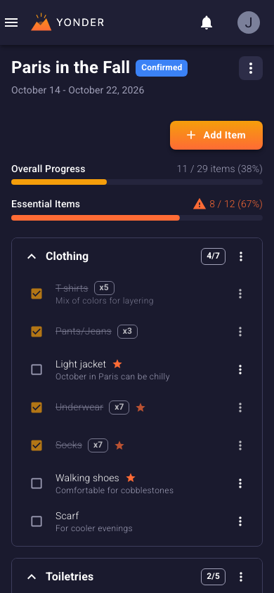 Yonder mobile packing list