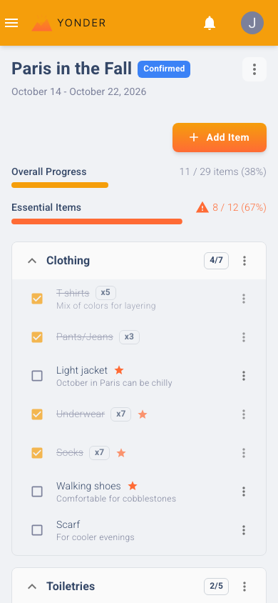 Yonder mobile packing list
